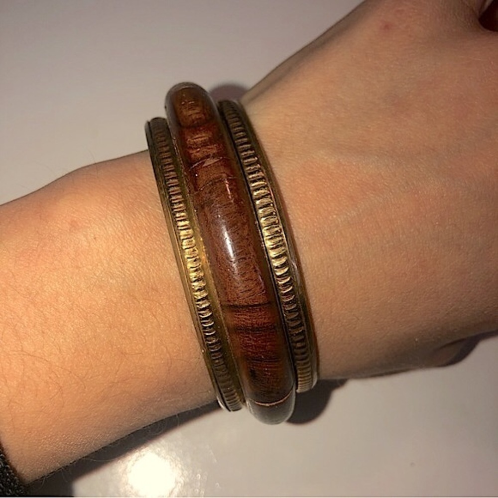VTG Wood Panel Inlay Brass Bangle GUC 8” / 2.6” Diameter